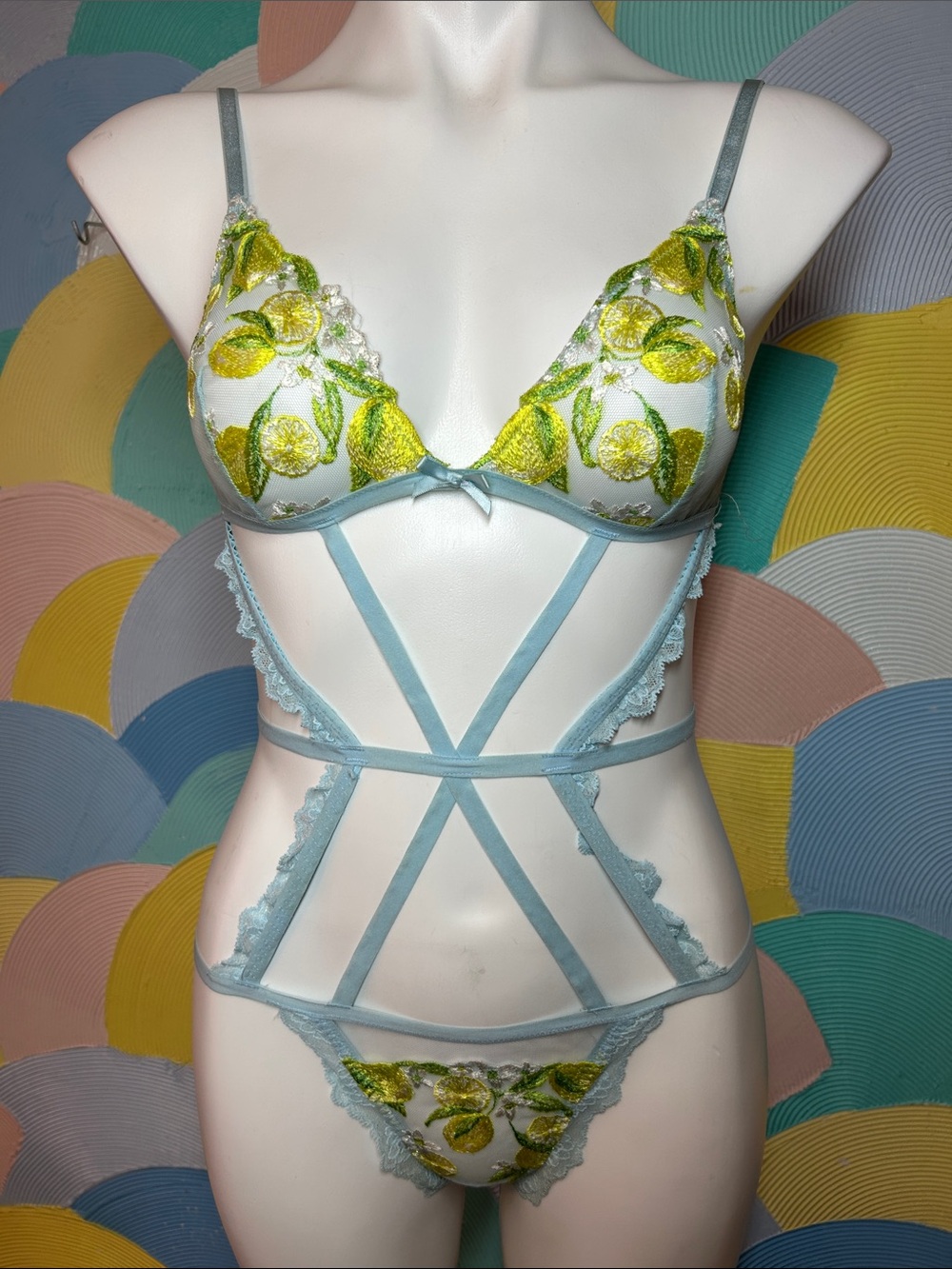 Victorias Secret Light Blue Lemon Embroidered Strappy Lingerie Set